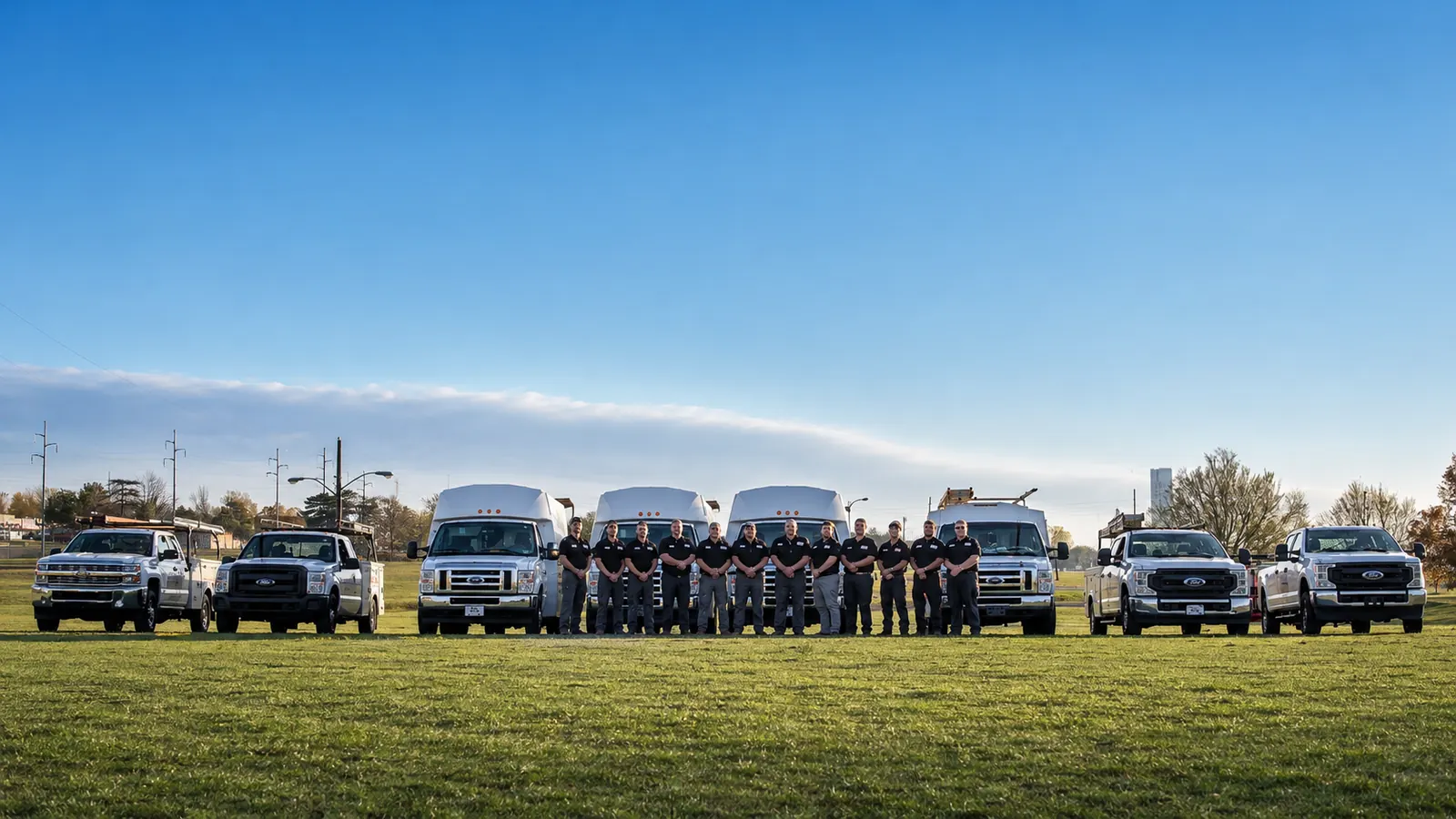 Stanley Plumbing crew standing in front of the company fleet in Oklahoma City